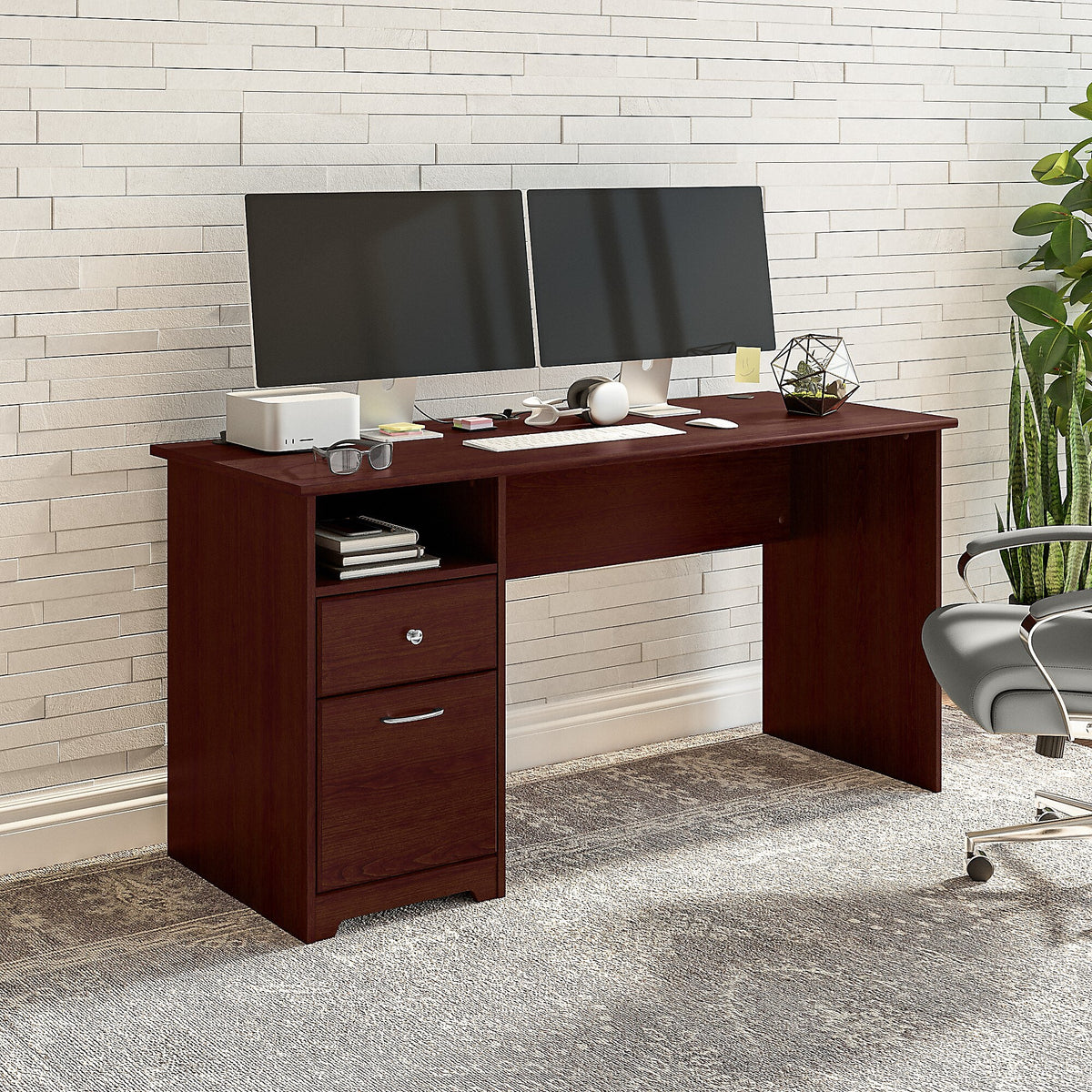 Bush Furniture Cabot 60"W Computer Desk with Drawers, Harvest Cherry