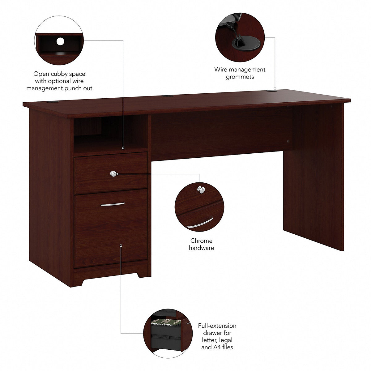 Bush Furniture Cabot 60"W Computer Desk with Drawers, Harvest Cherry