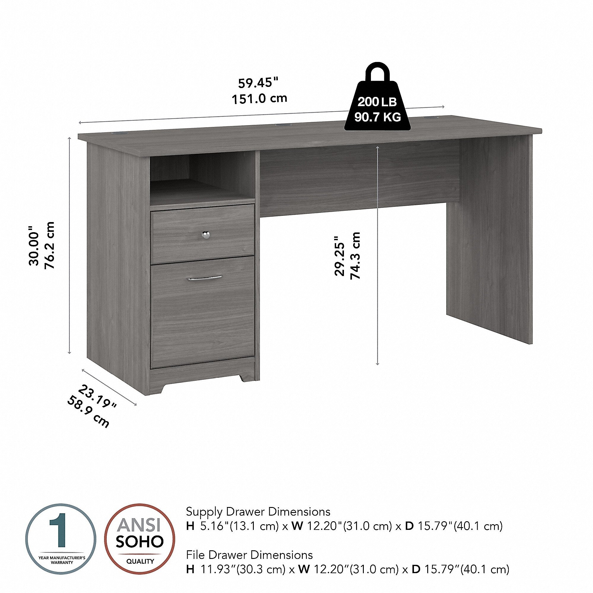 Bush Furniture Cabot 60"W Computer Desk with Drawers, Modern Gray