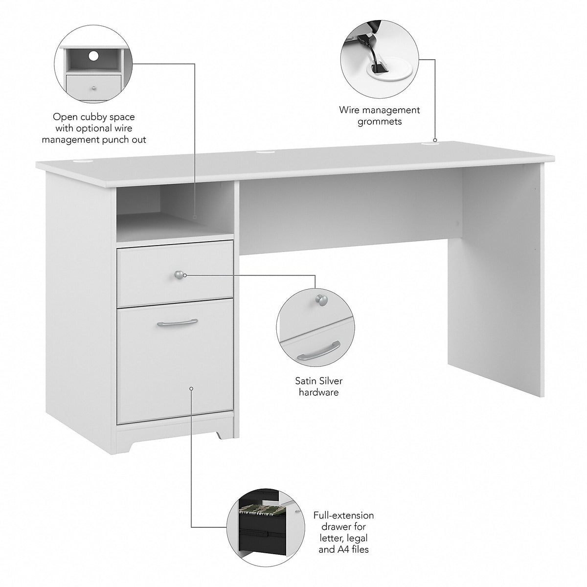 Bush Furniture Cabot 60"W Computer Desk with Drawers, White