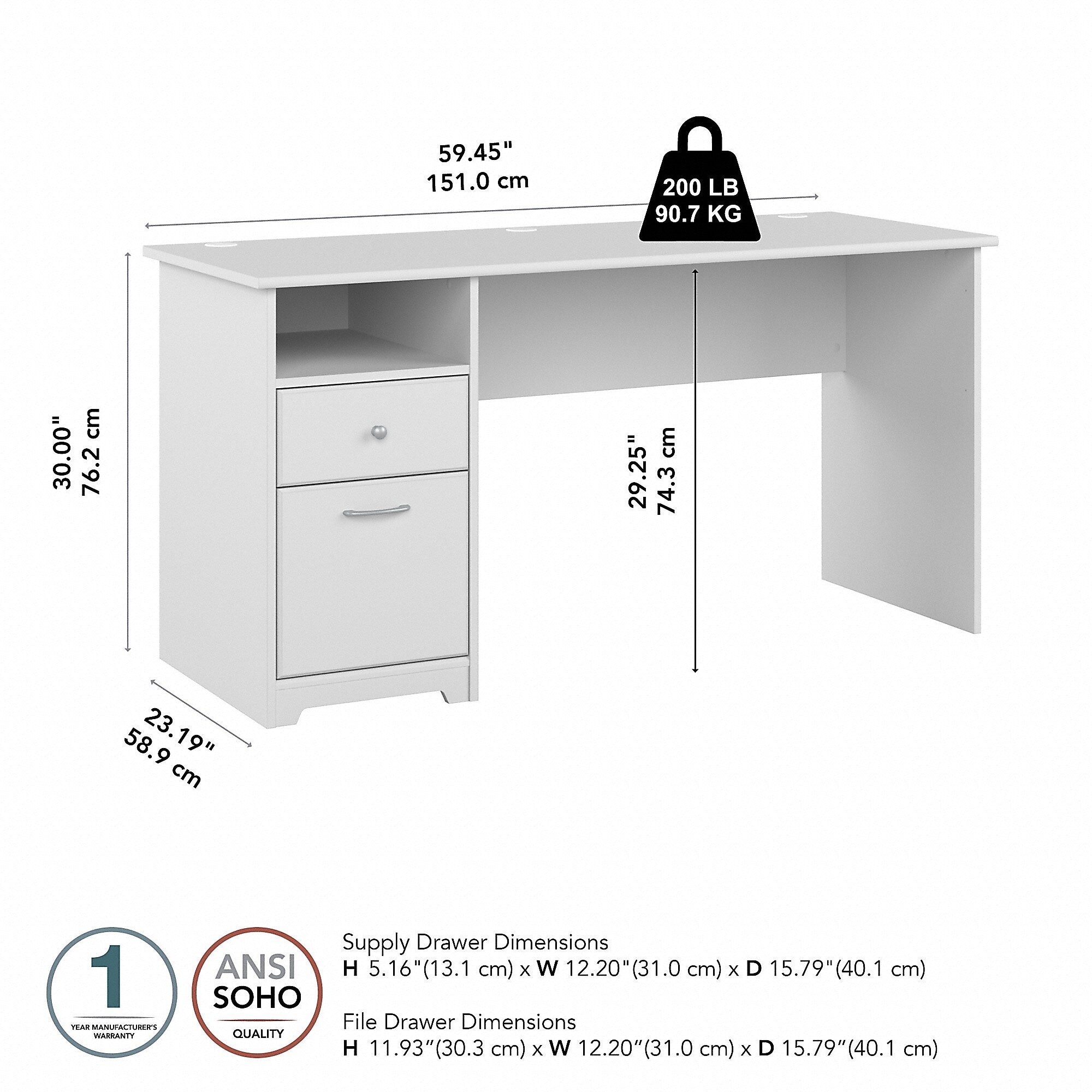 Bush Furniture Cabot 60"W Computer Desk with Drawers, White