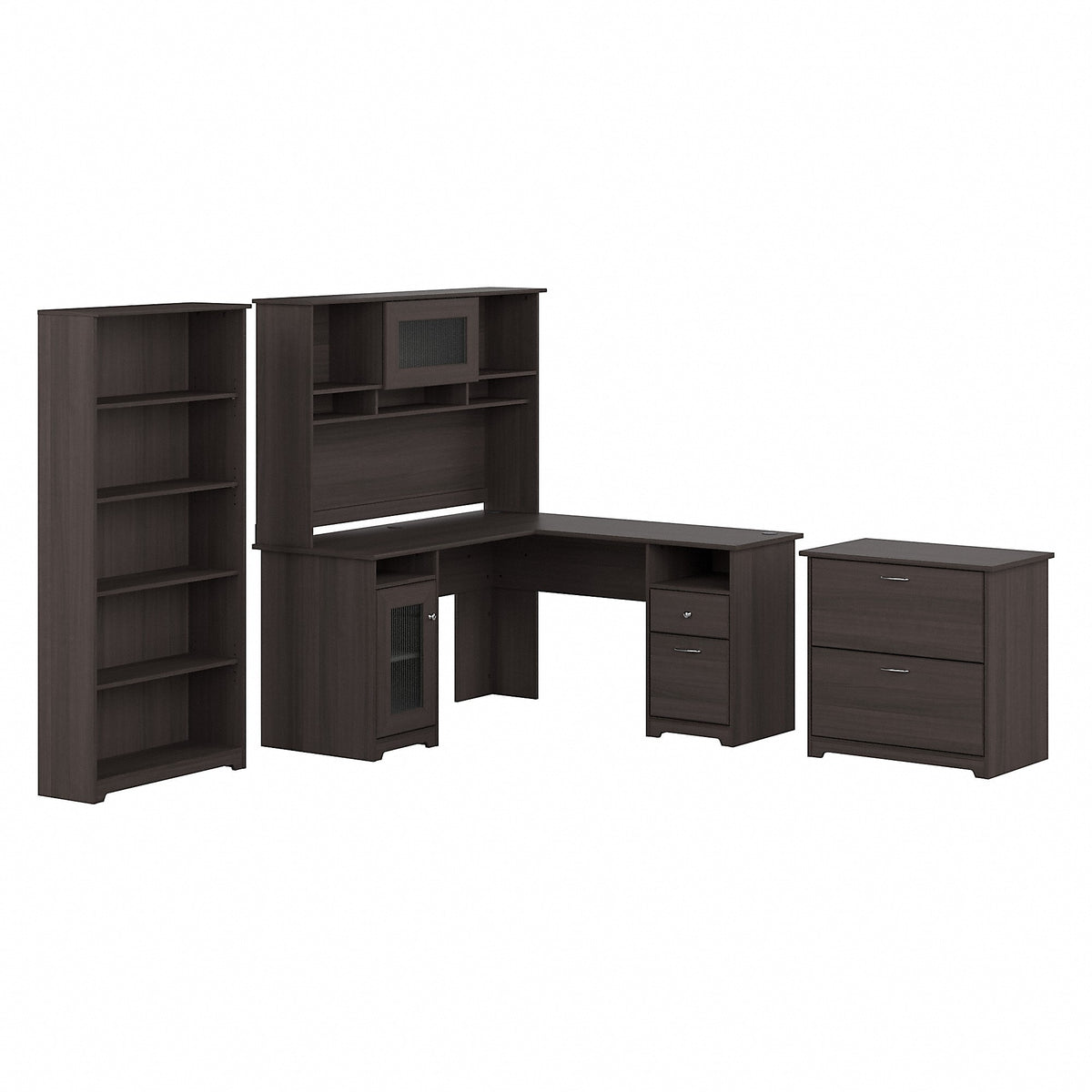 Bush Furniture Cabot 60"W L Shaped Computer Desk with Hutch, File Cabinet and Bookcase, Heather Gray