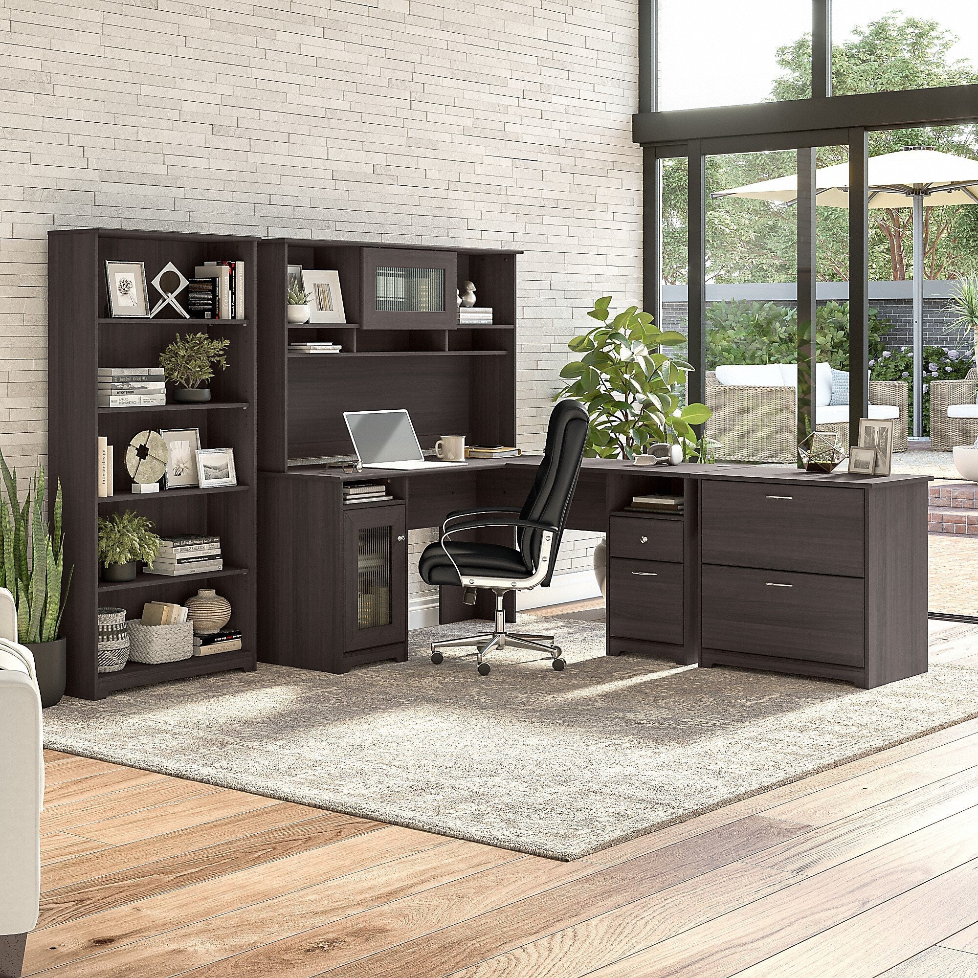 Bush Furniture Cabot 60"W L Shaped Computer Desk with Hutch, File Cabinet and Bookcase, Heather Gray