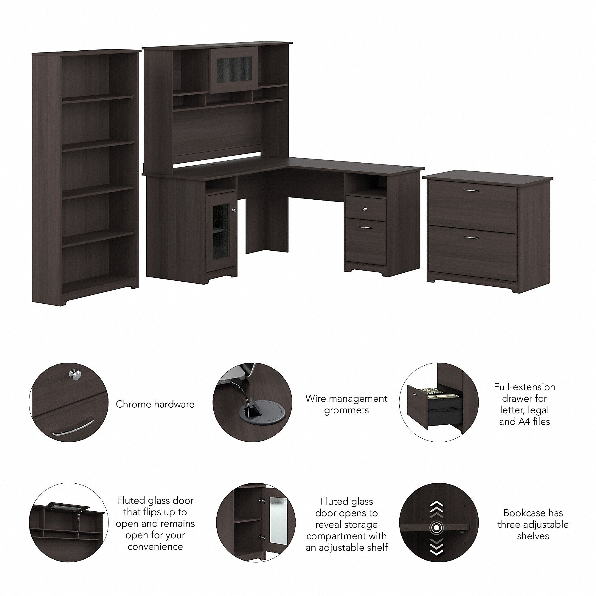 Bush Furniture Cabot 60"W L Shaped Computer Desk with Hutch, File Cabinet and Bookcase, Heather Gray