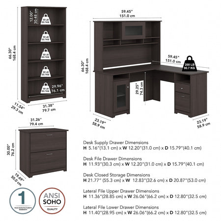 Bush Furniture Cabot 60"W L Shaped Computer Desk with Hutch, File Cabinet and Bookcase, Heather Gray