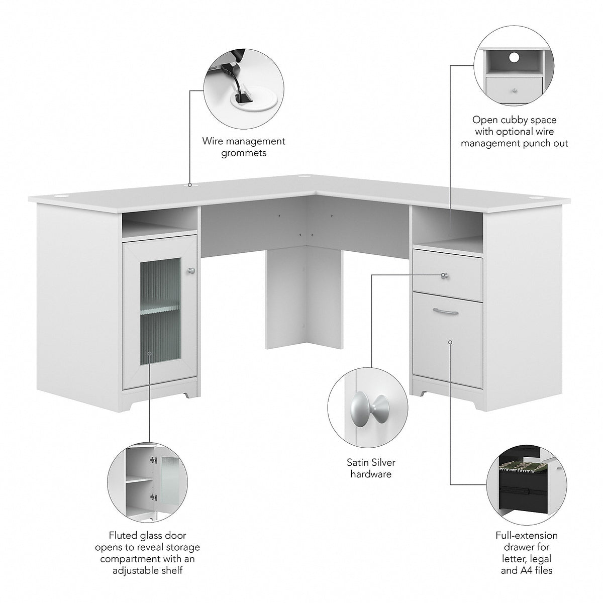 Bush Furniture Cabot 60"W L Shaped Computer Desk with Storage, White