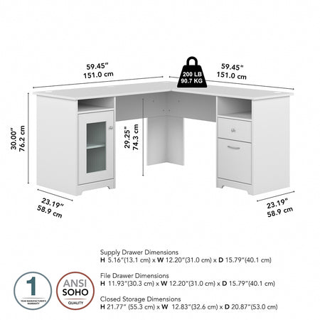 Bush Furniture Cabot 60"W L Shaped Computer Desk with Storage, White