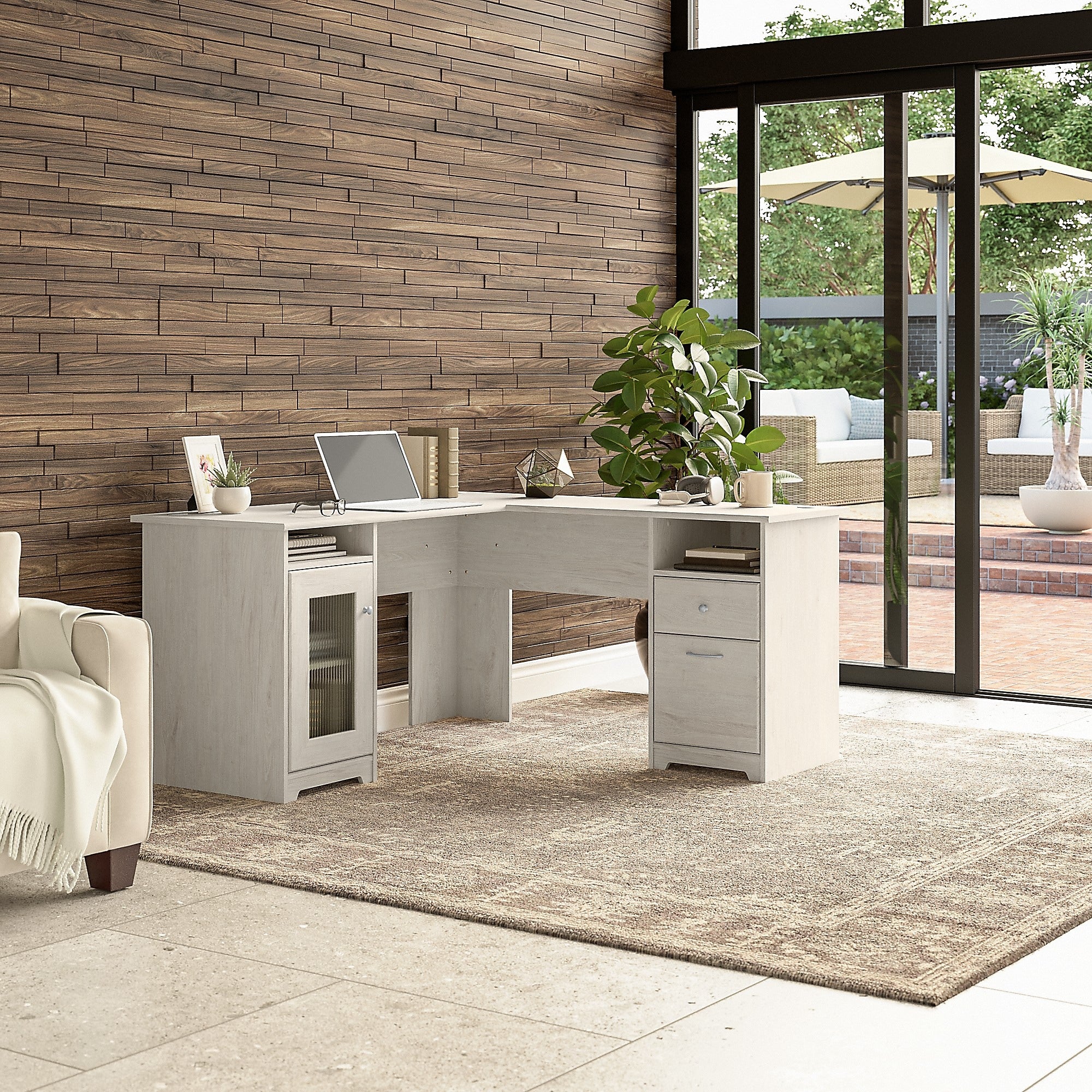 Bush Furniture Cabot 60"W L-Shaped Desk, Linen White Oak