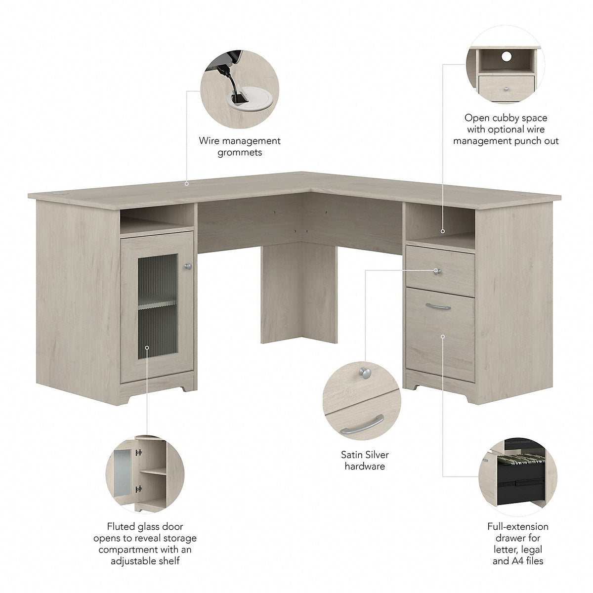 Bush Furniture Cabot 60"W L-Shaped Desk, Linen White Oak