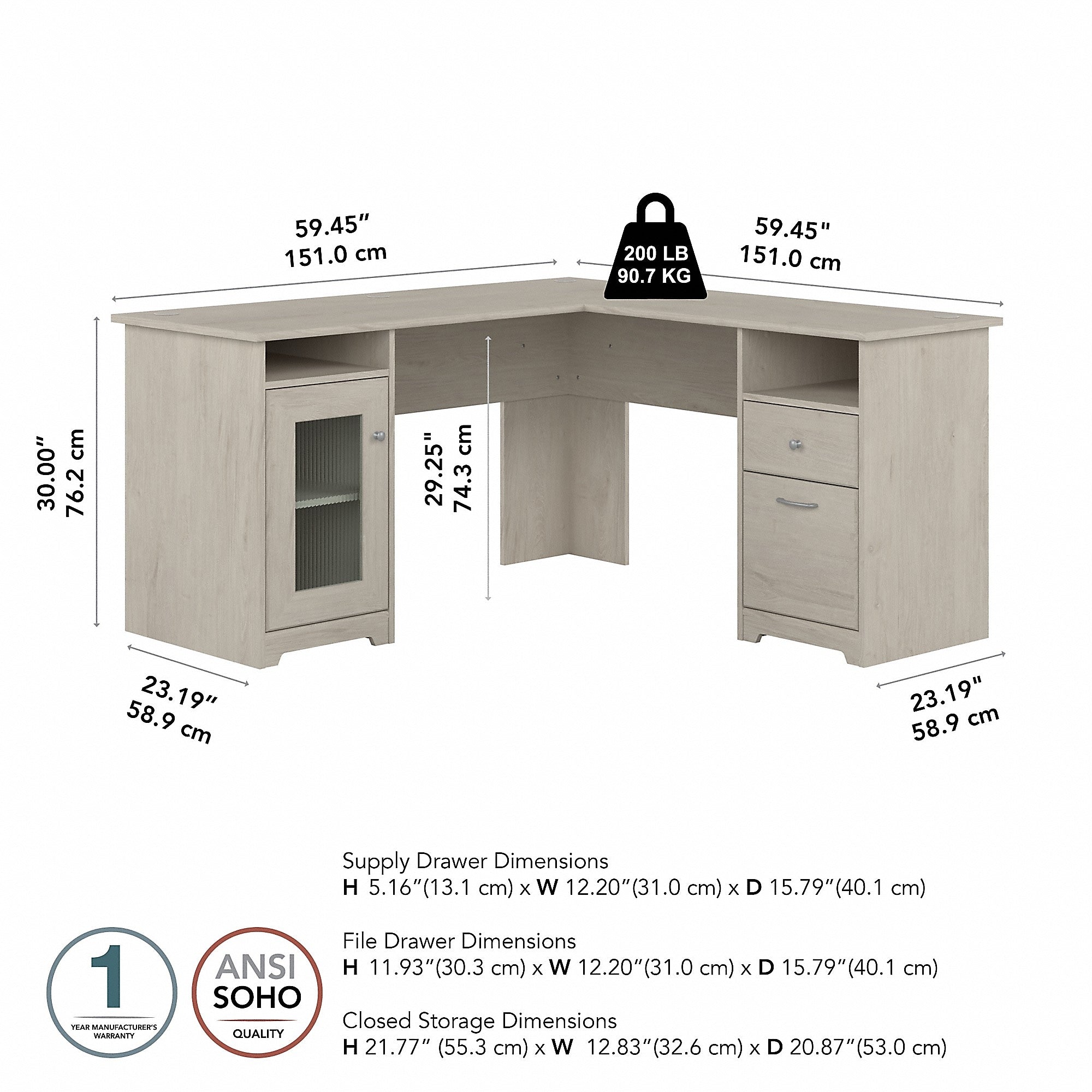 Bush Furniture Cabot 60"W L-Shaped Desk, Linen White Oak