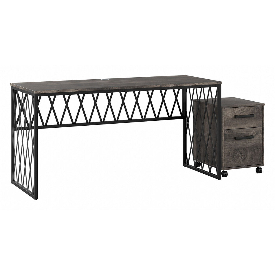 Bush Furniture City Park 60"W Industrial Writing Desk with Mobile File Cabinet, Dark Gray Hickory