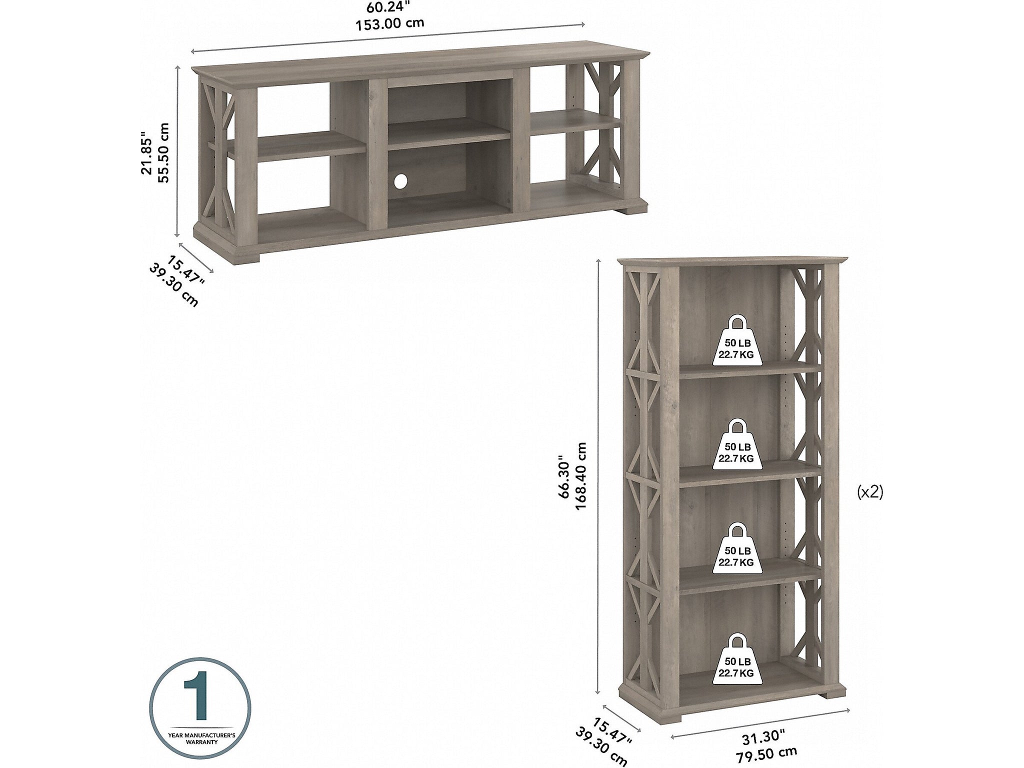 Bush Furniture Homestead TV Stand with 4-Shelf Bookcases, Screens up to 70