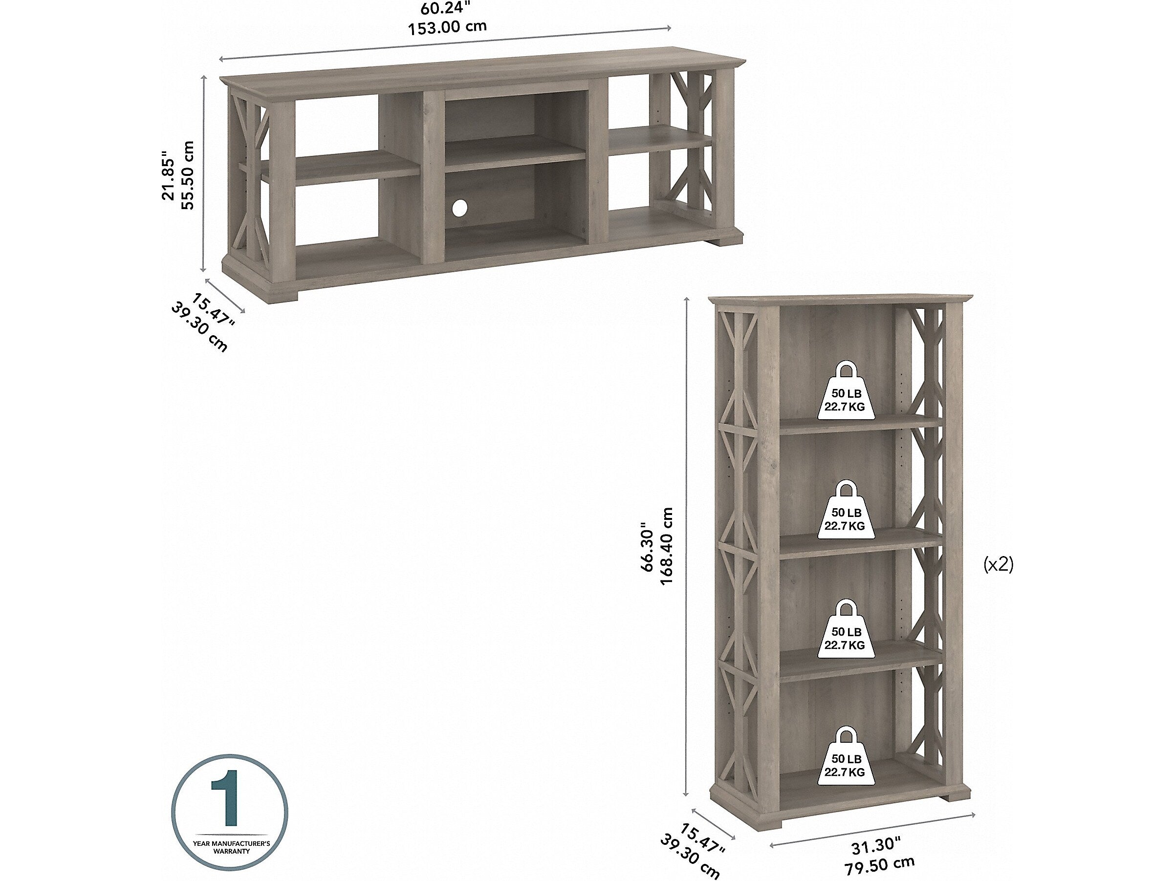 Bush Furniture Homestead TV Stand with 4-Shelf Bookcases, Screens up to 70", Driftwood Gray