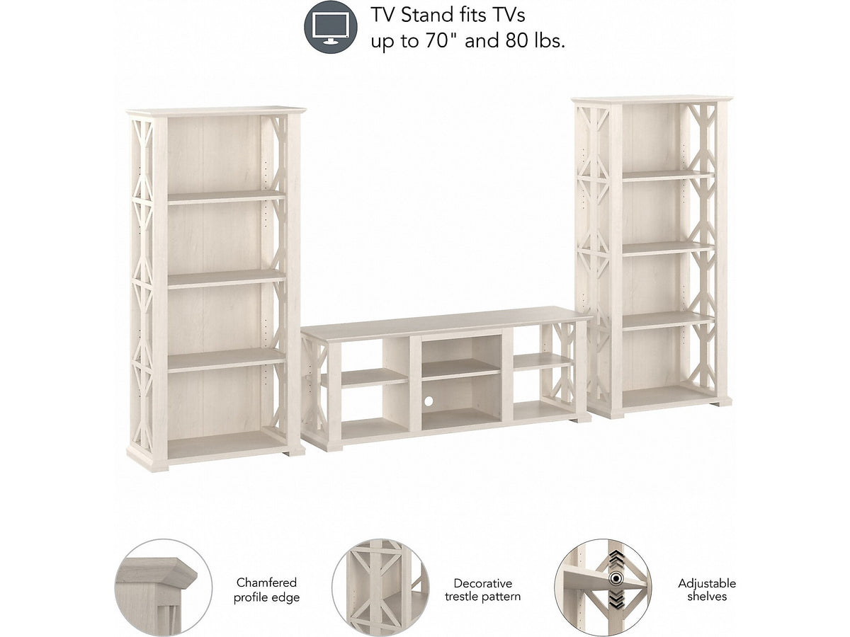 Bush Furniture Homestead TV Stand with 4-Shelf Bookcases, Screens up to 70", Linen White Oak