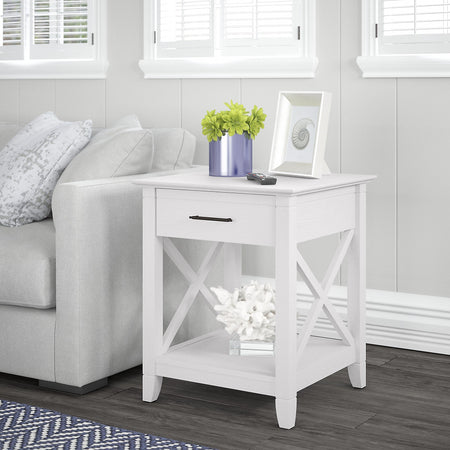 Bush Furniture Key West 20" x 20" End Table with Storage, Pure White Oak