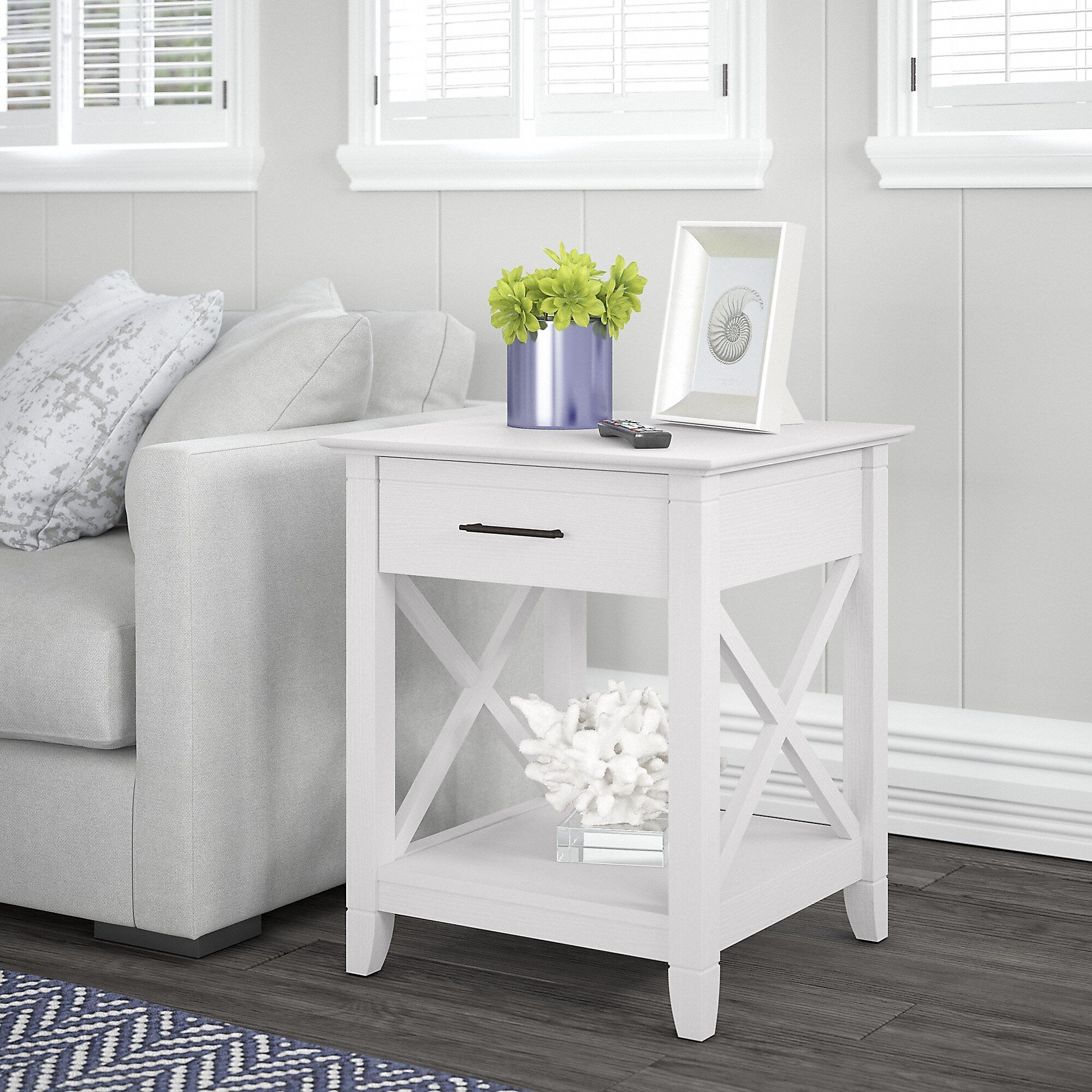 Bush Furniture Key West 20" x 20" End Table with Storage, Pure White Oak