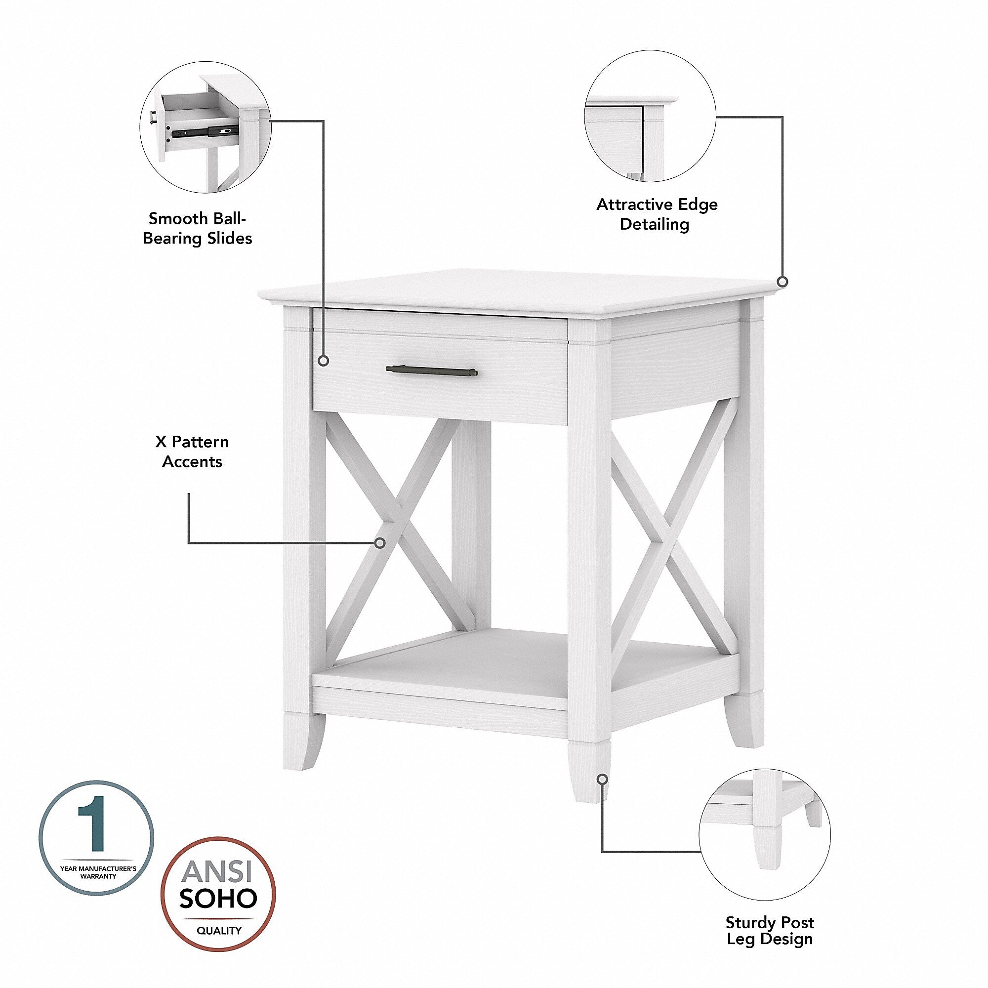 Bush Furniture Key West 20" x 20" End Table with Storage, Pure White Oak