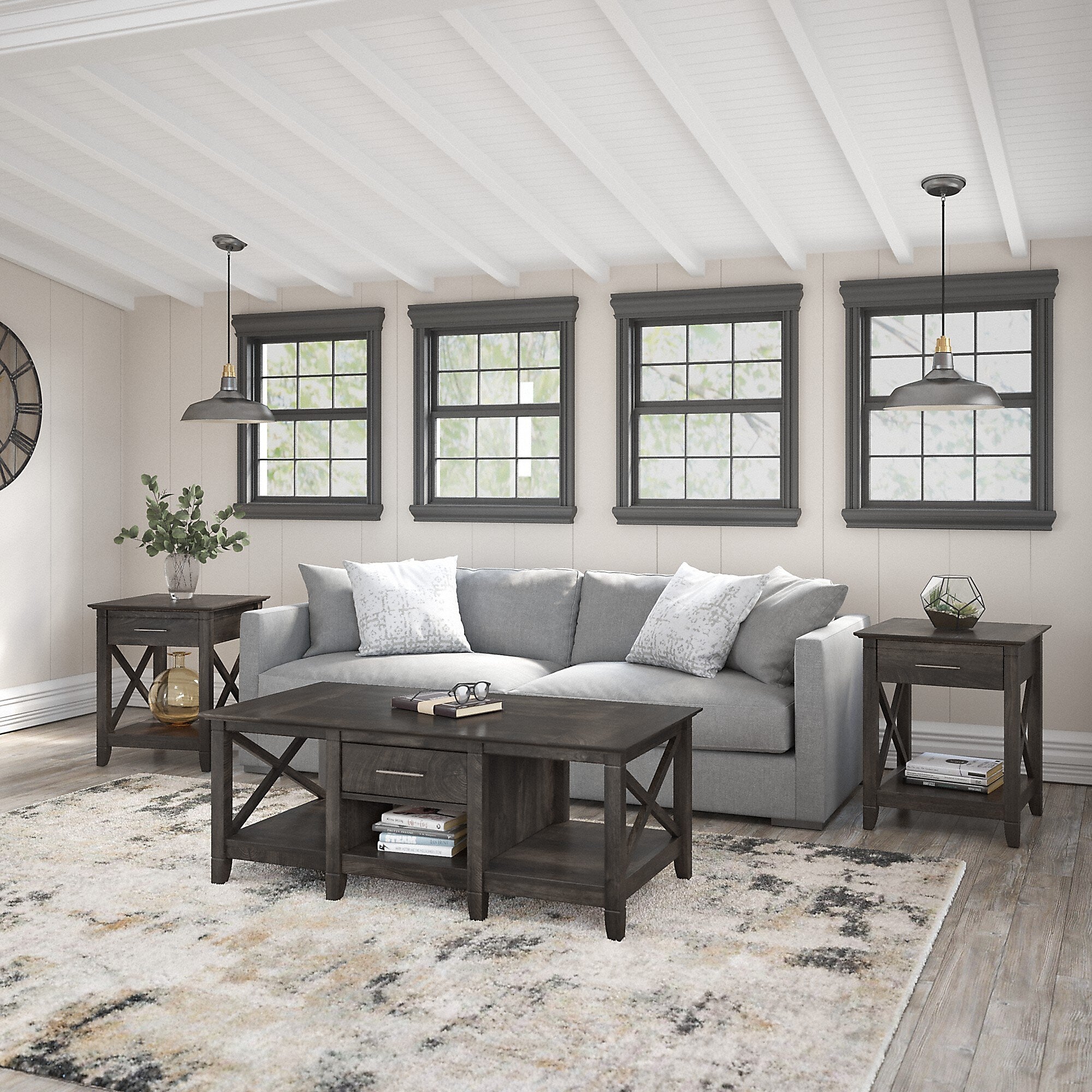 Bush Furniture Key West Coffee Table with 2 End Tables, Dark Gray Hickory