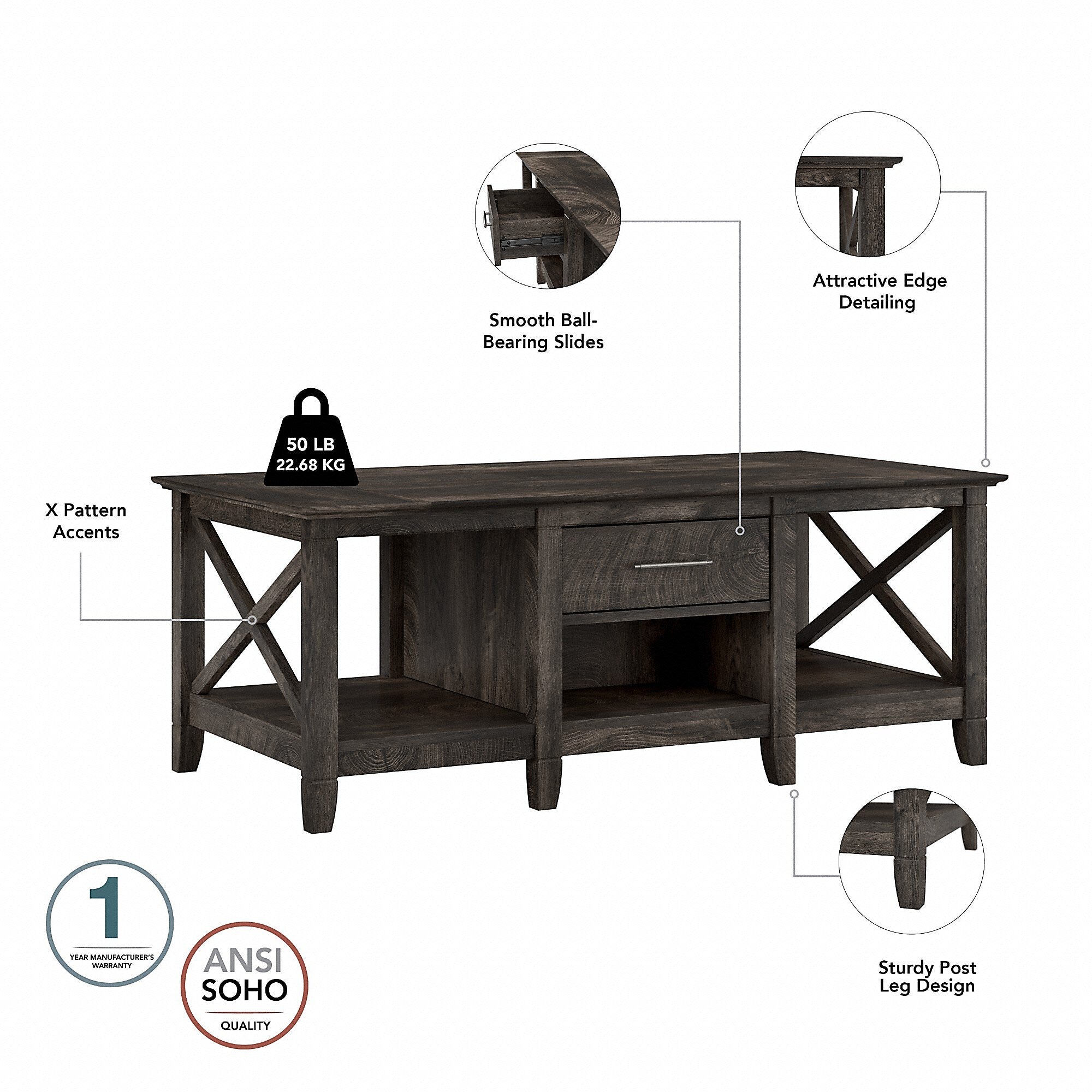 Bush Furniture Key West Coffee Table with 2 End Tables, Dark Gray Hickory