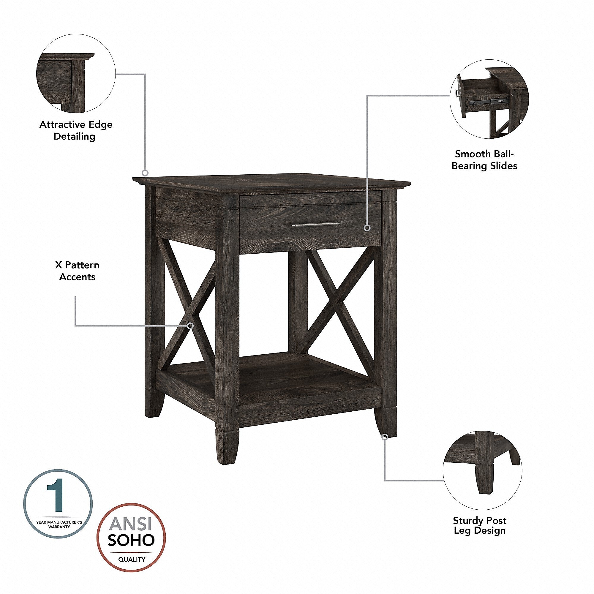 Bush Furniture Key West Coffee Table with 2 End Tables, Dark Gray Hickory