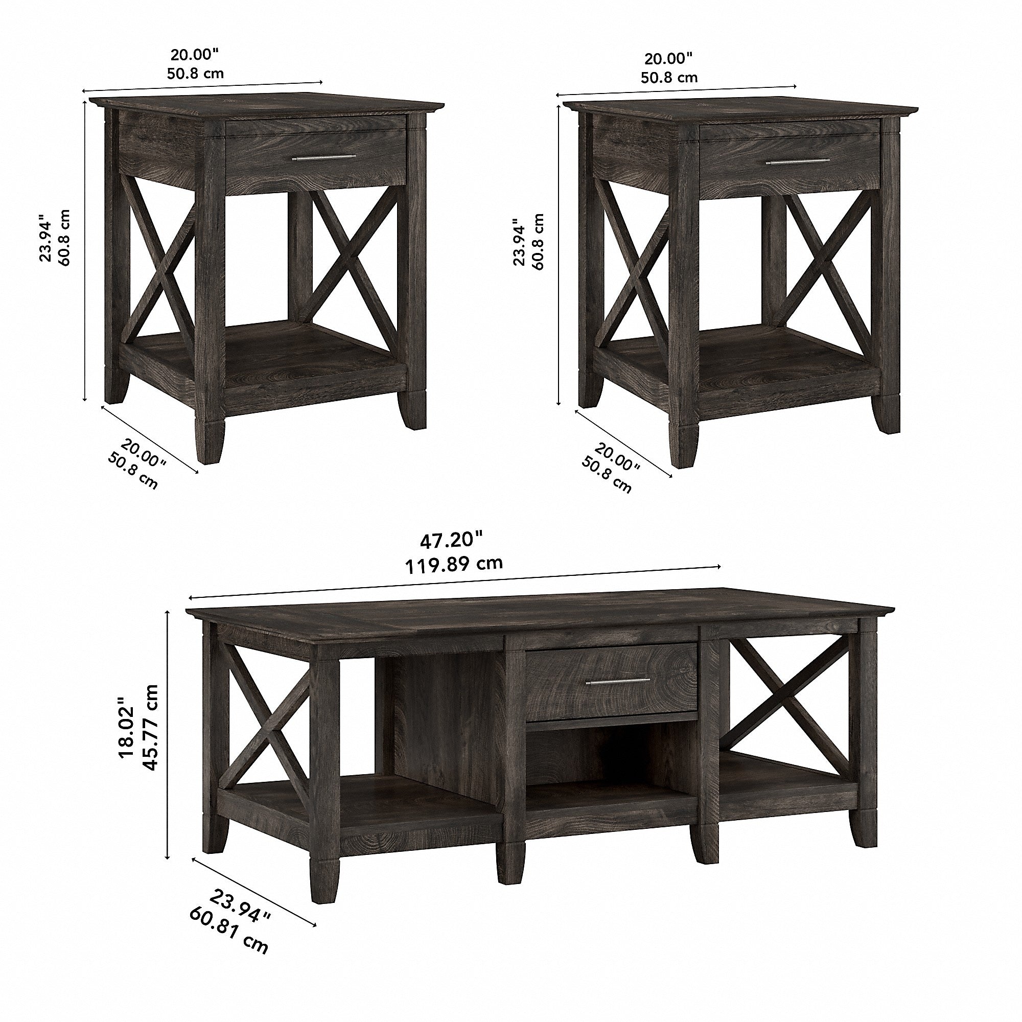 Bush Furniture Key West Coffee Table with 2 End Tables, Dark Gray Hickory