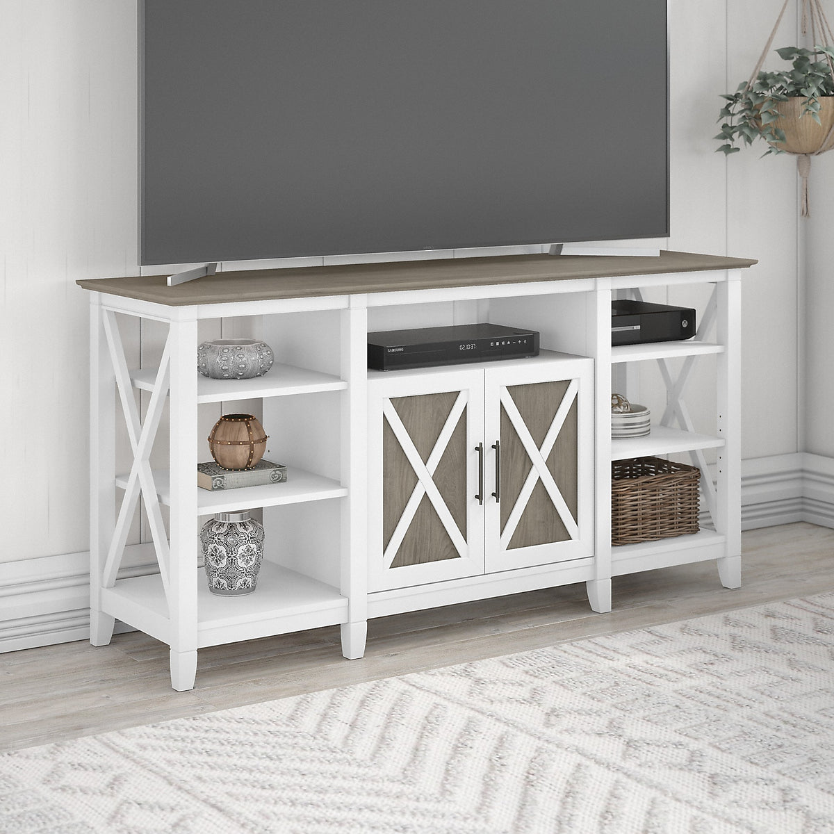 Bush Furniture Key West Console TV Stand, Screens up to 65", Shiplap Gray/Pure White