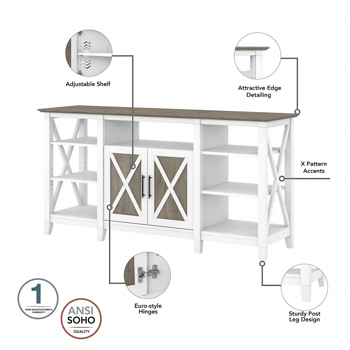 Bush Furniture Key West Console TV Stand, Screens up to 65", Shiplap Gray/Pure White