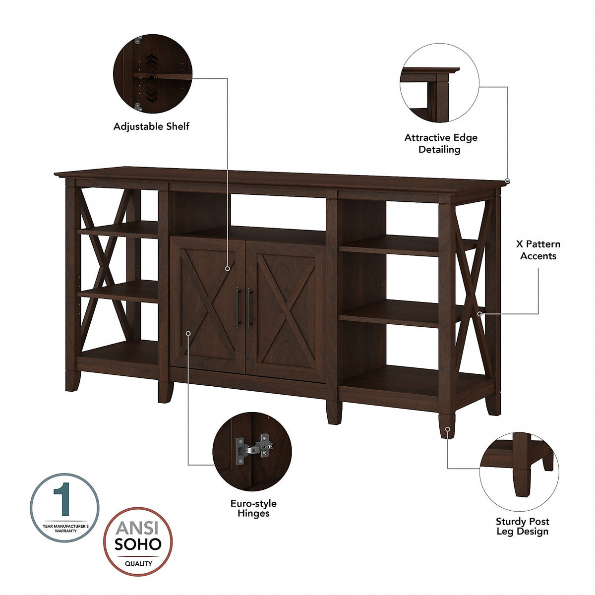 Bush Furniture Key West Manufactured Wood Console TV Stand, Screens up to 65", Bing Cherry