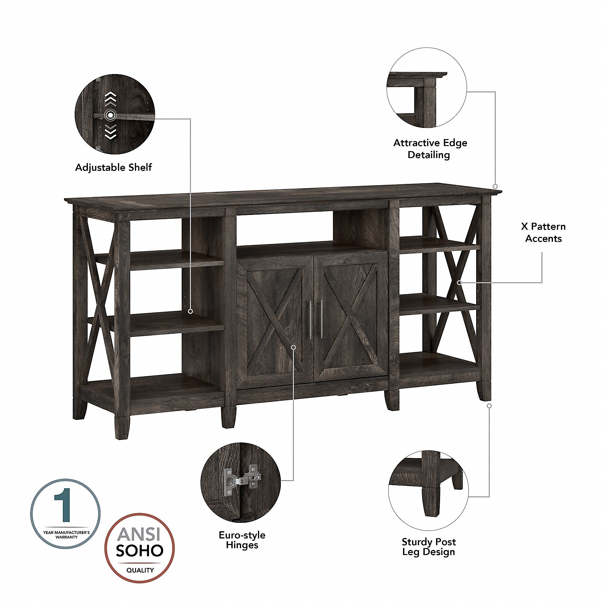 Bush Furniture Key West Tall TV Stand, Dark Gray Hickory, Screens up to 65