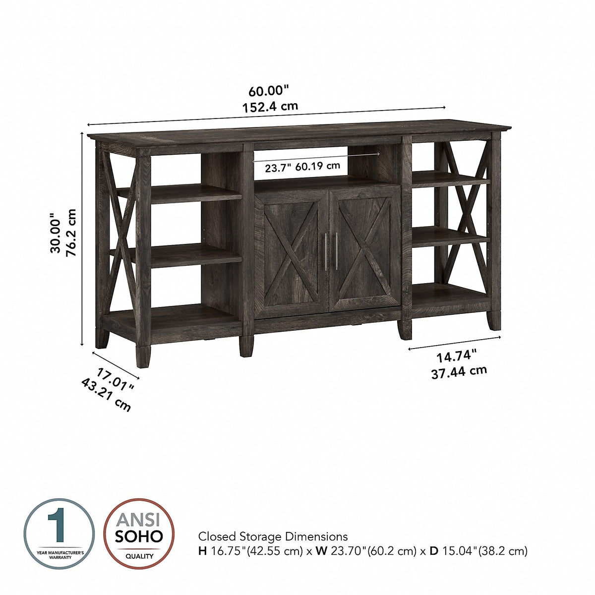 Bush Furniture Key West Tall TV Stand, Dark Gray Hickory, Screens up to 65"