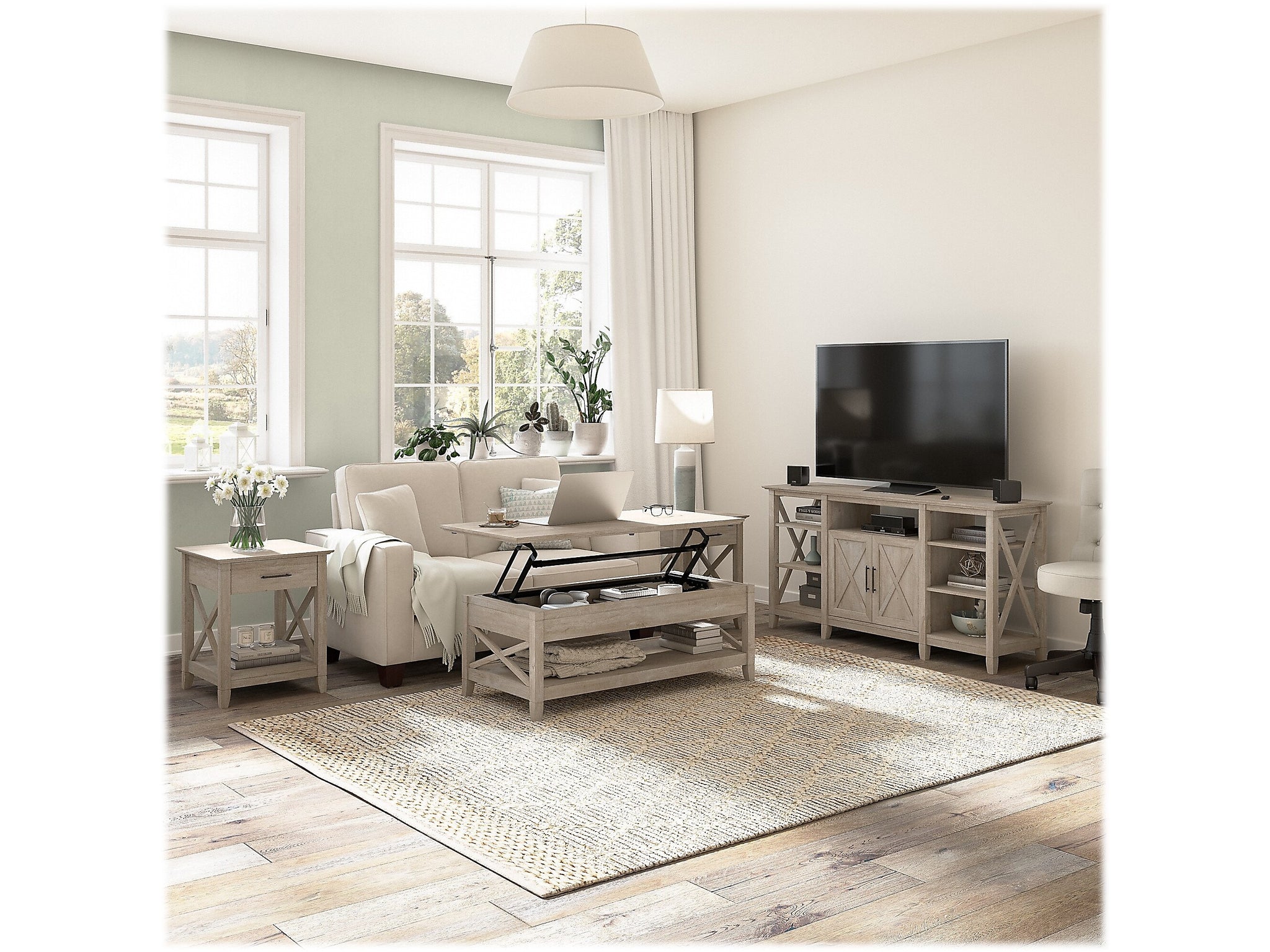 Bush Furniture Key West Tall TV Stand with Lift-Top Coffee Table Desk and End Tables, Screens up to 65