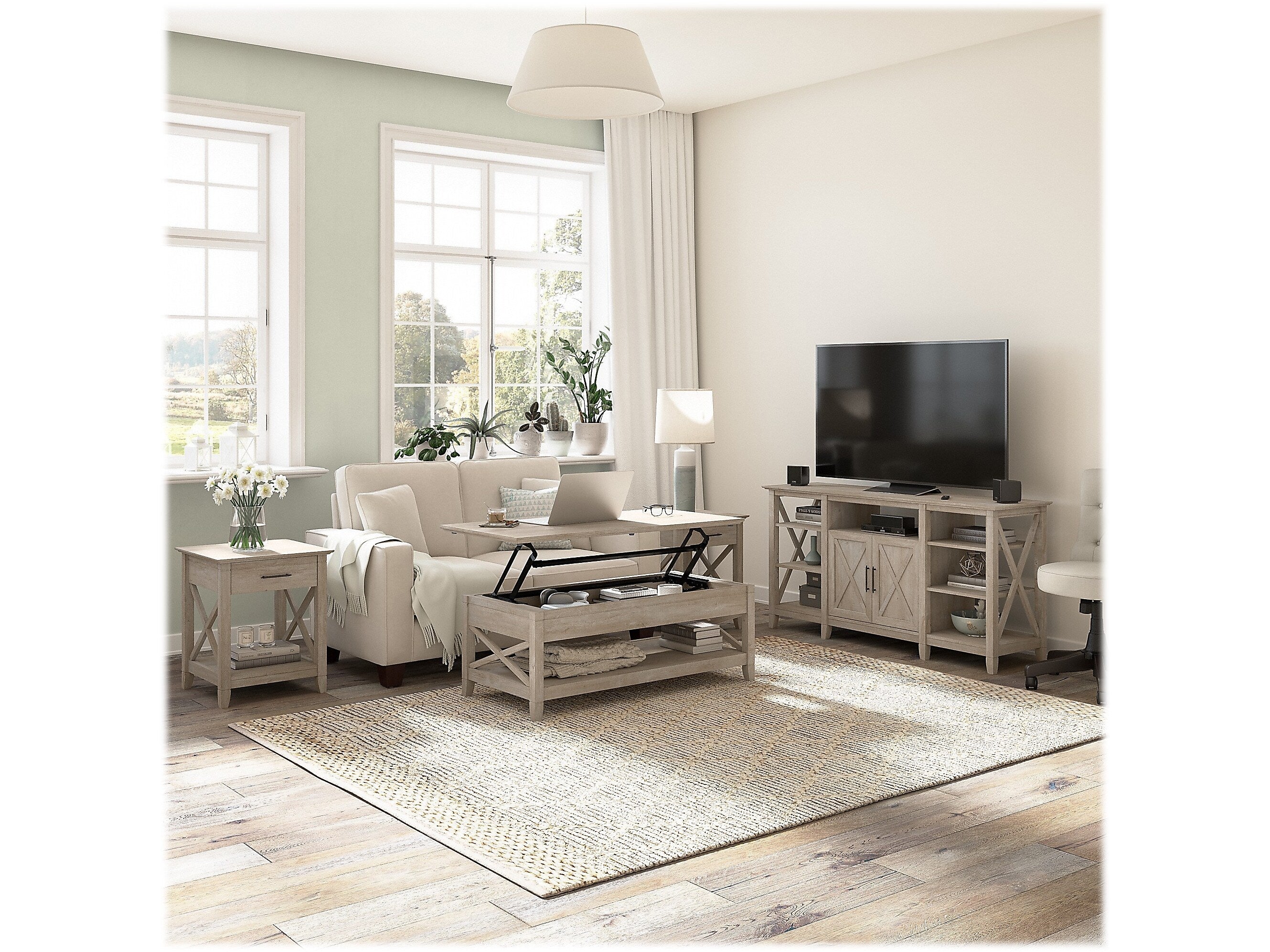 Bush Furniture Key West Tall TV Stand with Lift-Top Coffee Table Desk and End Tables, Screens up to 65