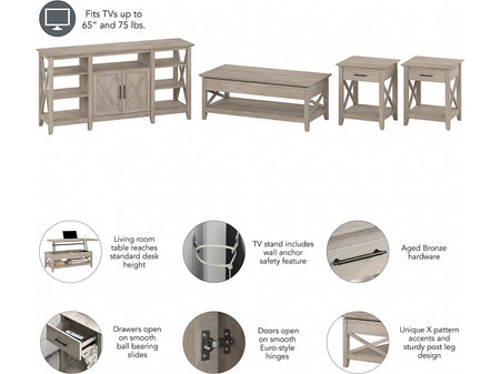 Bush Furniture Key West Tall TV Stand with Lift-Top Coffee Table Desk and End Tables, Screens up to 65", Washed Gray