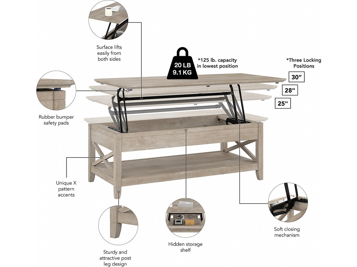 Bush Furniture Key West Tall TV Stand with Lift-Top Coffee Table Desk and End Tables, Screens up to 65", Washed Gray
