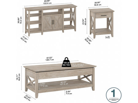 Bush Furniture Key West Tall TV Stand with Lift-Top Coffee Table Desk and End Tables, Screens up to 65", Washed Gray