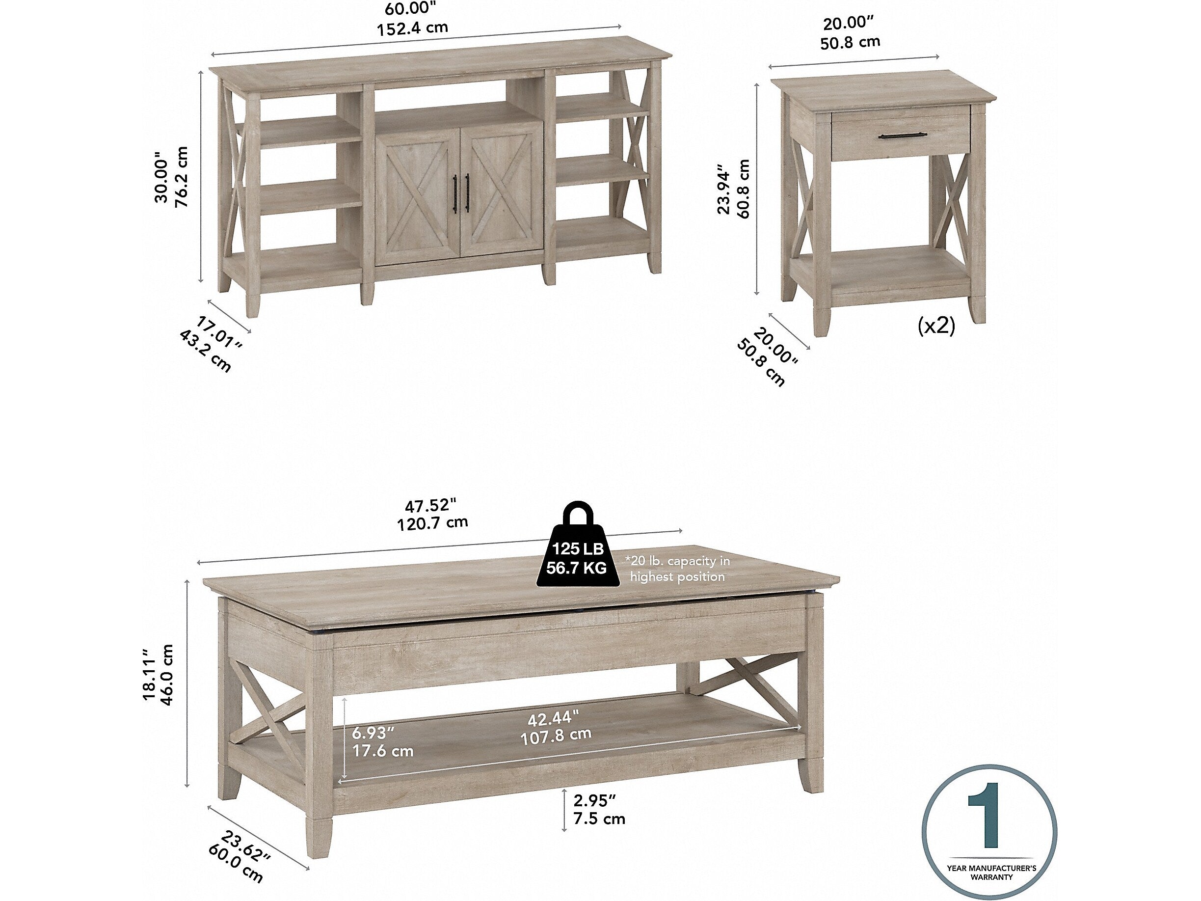 Bush Furniture Key West Tall TV Stand with Lift-Top Coffee Table Desk and End Tables, Screens up to 65
