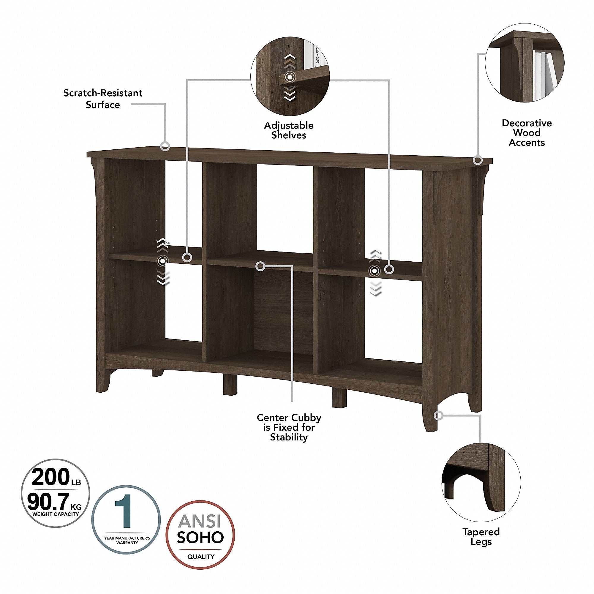 Bush Furniture Salinas 29.96" 6-Shelf Cube Organizer with Adjustable Shelves, Ash Brown Laminate