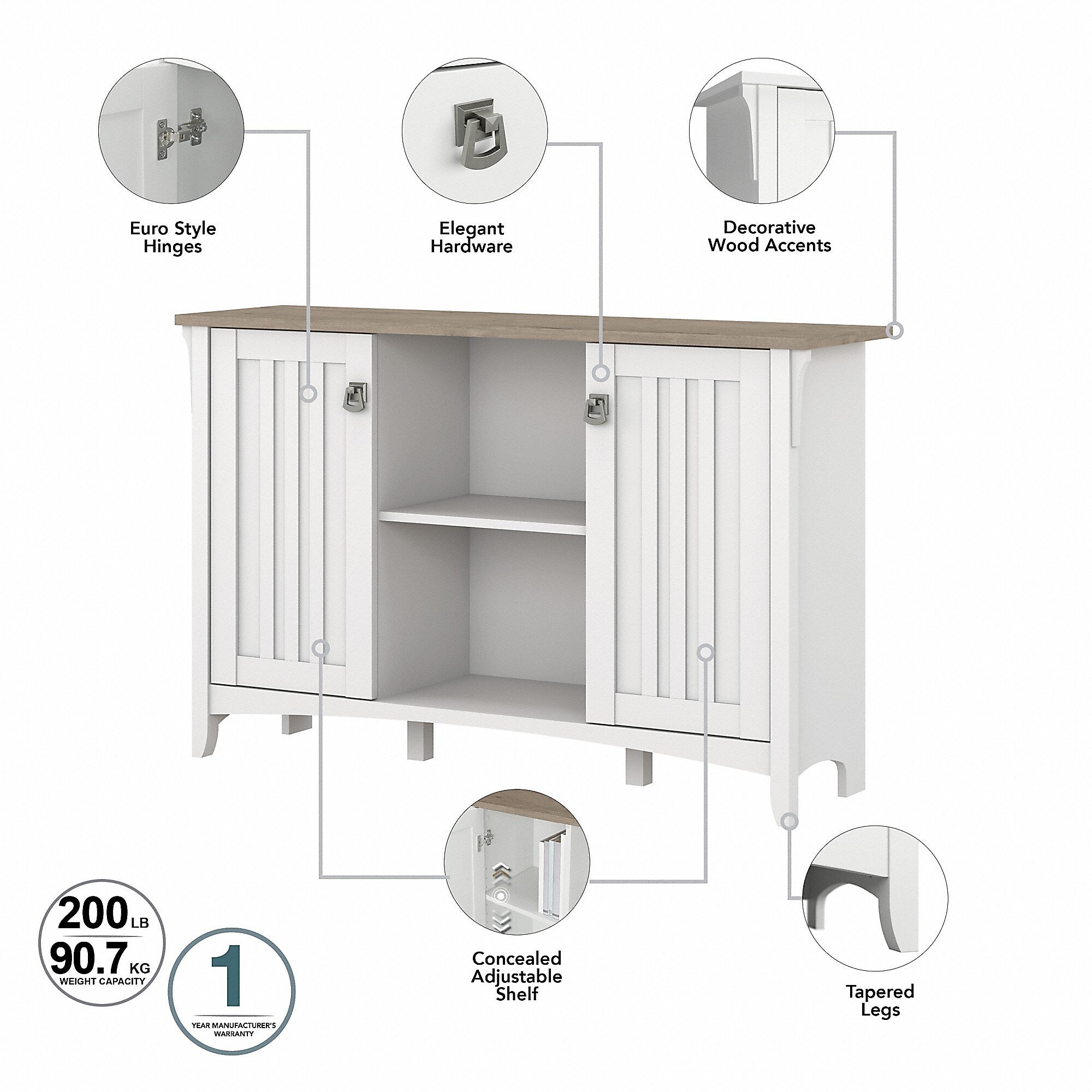 Bush Furniture Salinas 29.96" Accent Storage Cabinet with 3 Shelves, Shiplap Gray/Pure White