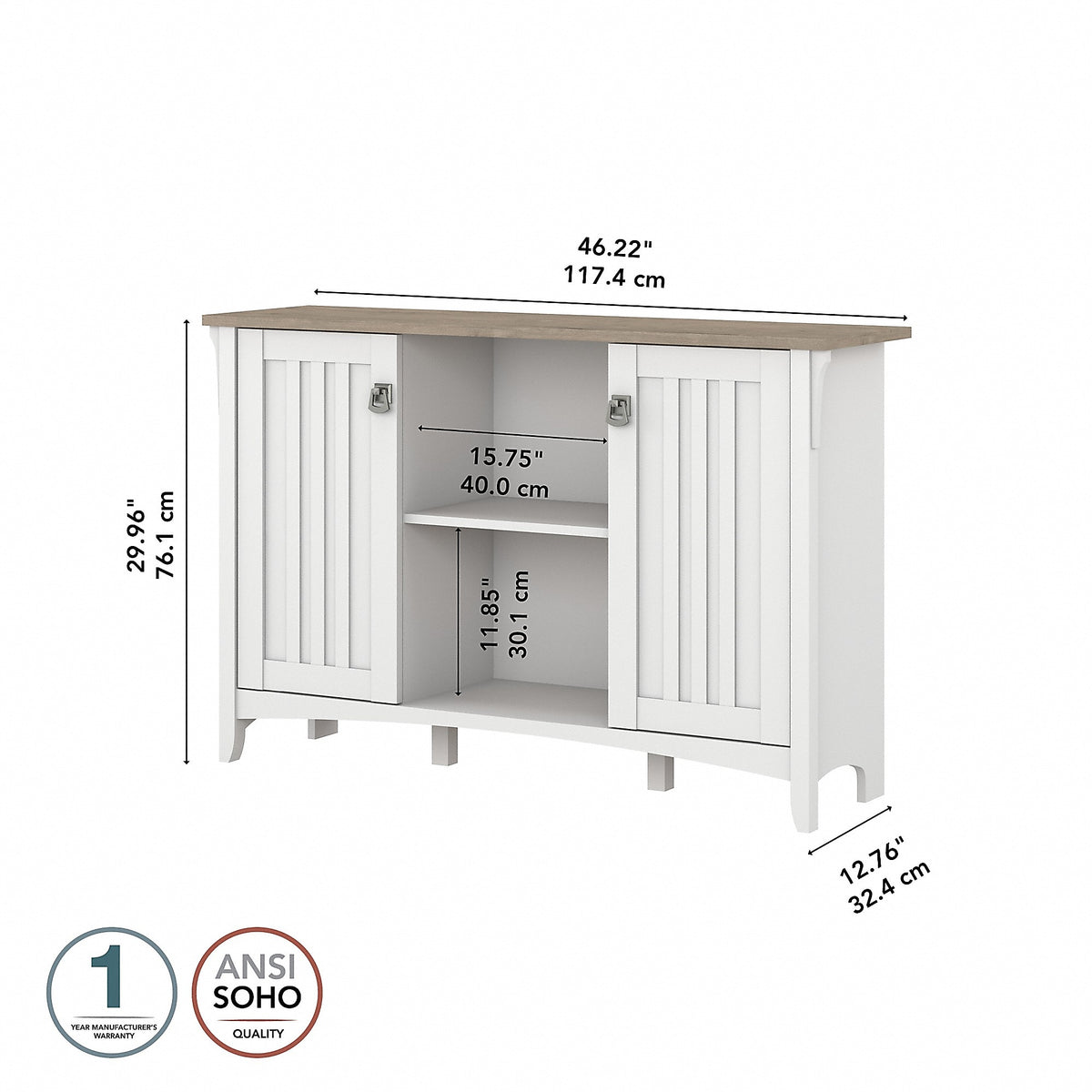 Bush Furniture Salinas 29.96" Accent Storage Cabinet with 3 Shelves, Shiplap Gray/Pure White