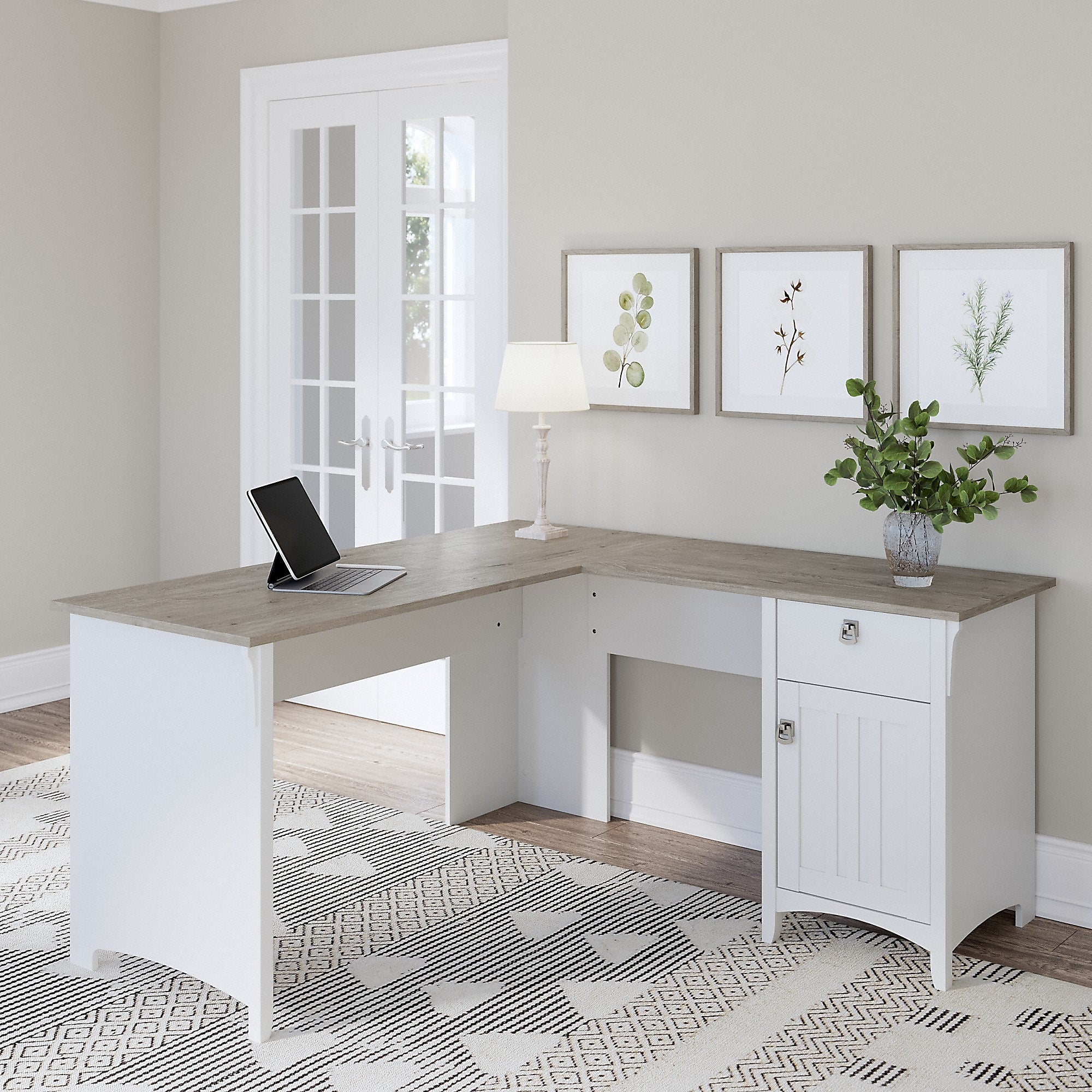 Bush Furniture Salinas 60" L-Shaped Desk, Shiplap Gray/Pure White