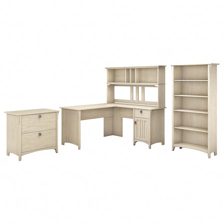 Bush Furniture Salinas 60"W L Shaped Desk with Hutch, Lateral File Cabinet and 5 Shelf Bookcase, Antique White