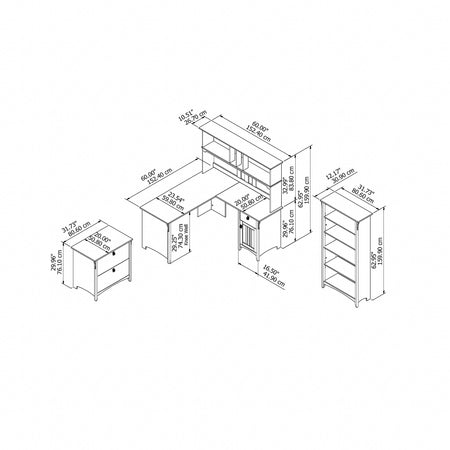 Bush Furniture Salinas 60"W L Shaped Desk with Hutch, Lateral File Cabinet and 5 Shelf Bookcase, Antique White