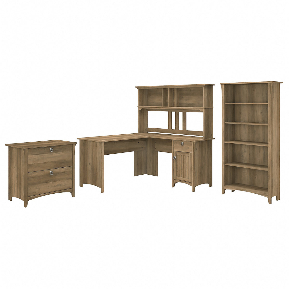 Bush Furniture Salinas 60"W L Shaped Desk with Hutch, Lateral File Cabinet and 5 Shelf Bookcase, Reclaimed Pine