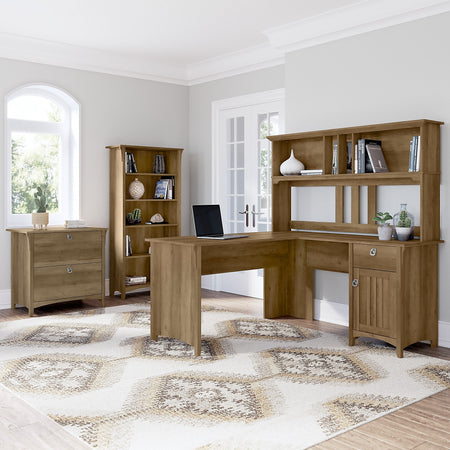 Bush Furniture Salinas 60"W L Shaped Desk with Hutch, Lateral File Cabinet and 5 Shelf Bookcase, Reclaimed Pine