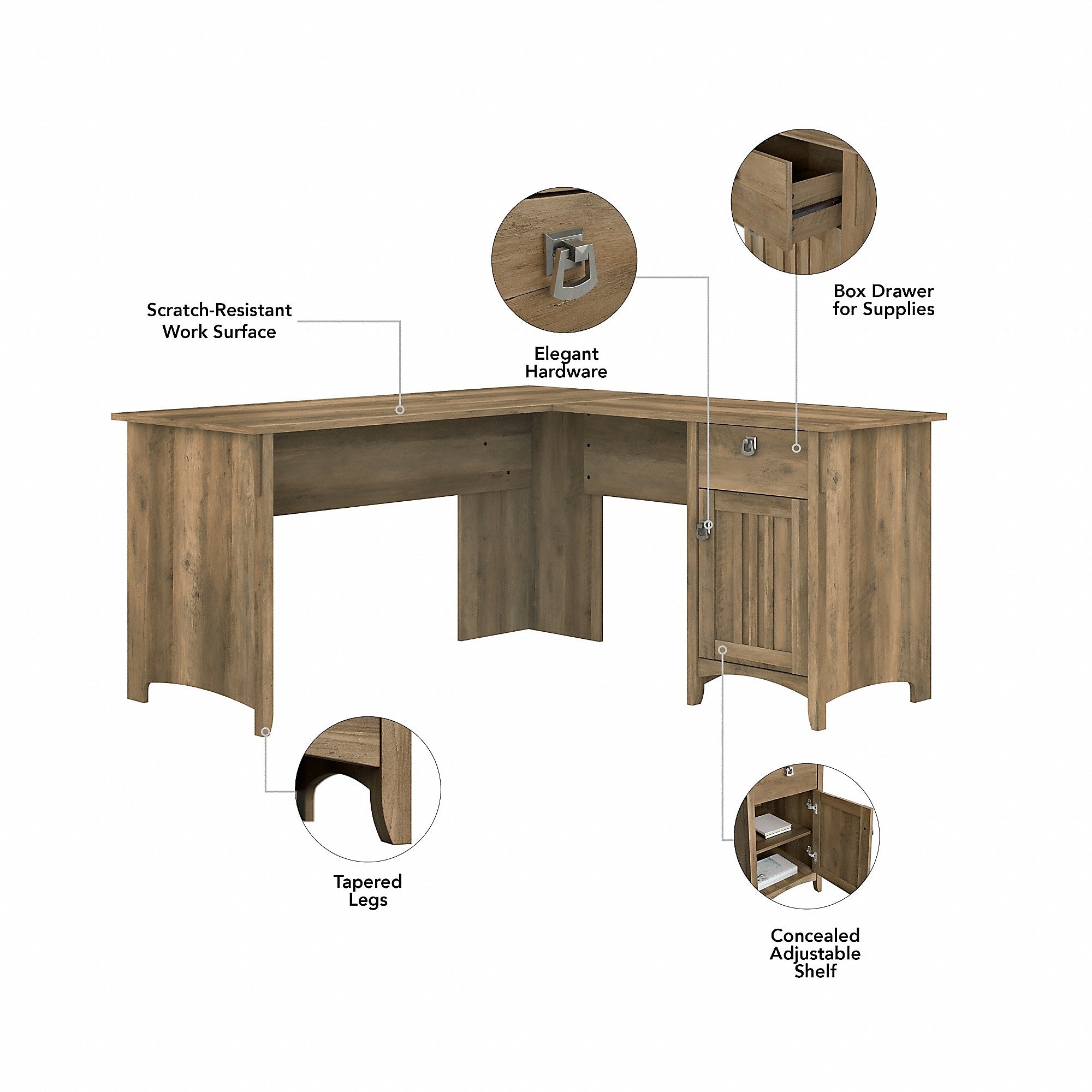 Bush Furniture Salinas 60"W L Shaped Desk with Hutch, Lateral File Cabinet and 5 Shelf Bookcase, Reclaimed Pine