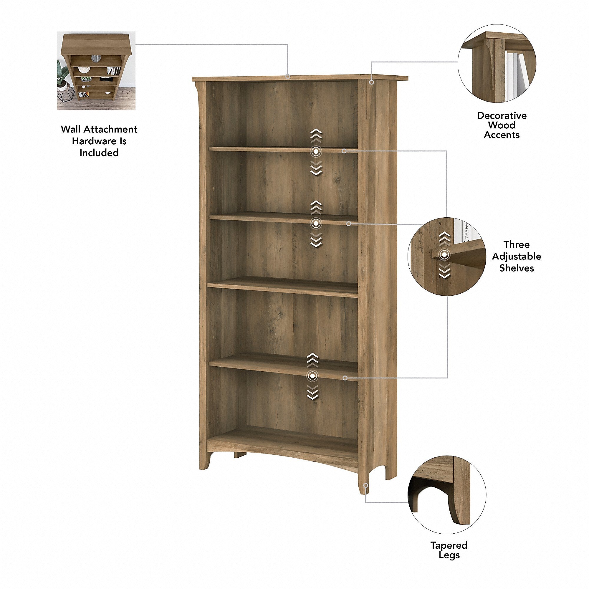 Bush Furniture Salinas 60"W L Shaped Desk with Hutch, Lateral File Cabinet and 5 Shelf Bookcase, Reclaimed Pine