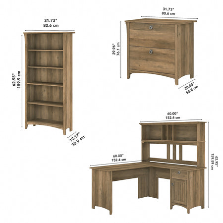 Bush Furniture Salinas 60"W L Shaped Desk with Hutch, Lateral File Cabinet and 5 Shelf Bookcase, Reclaimed Pine