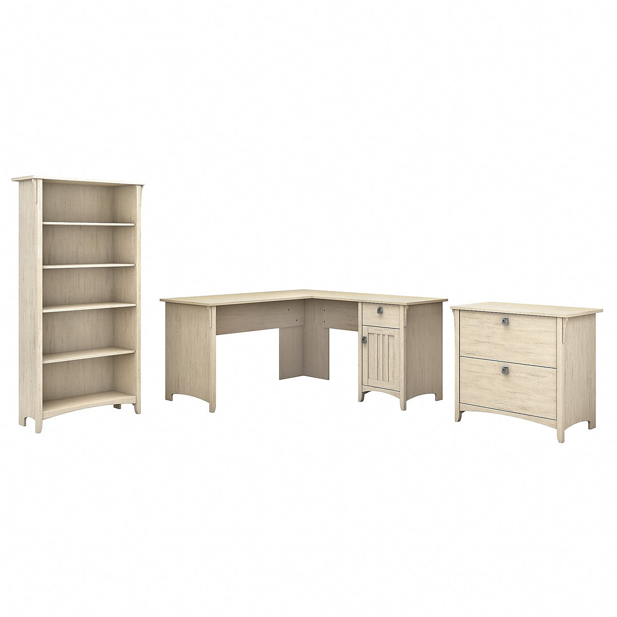 Bush Furniture Salinas 60"W L Shaped Desk with Lateral File Cabinet and 5 Shelf Bookcase, Antique White