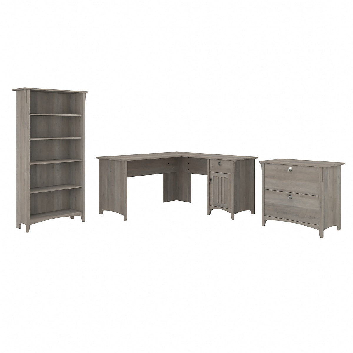 Bush Furniture Salinas 60"W L Shaped Desk with Lateral File Cabinet and 5 Shelf Bookcase, Driftwood Gray