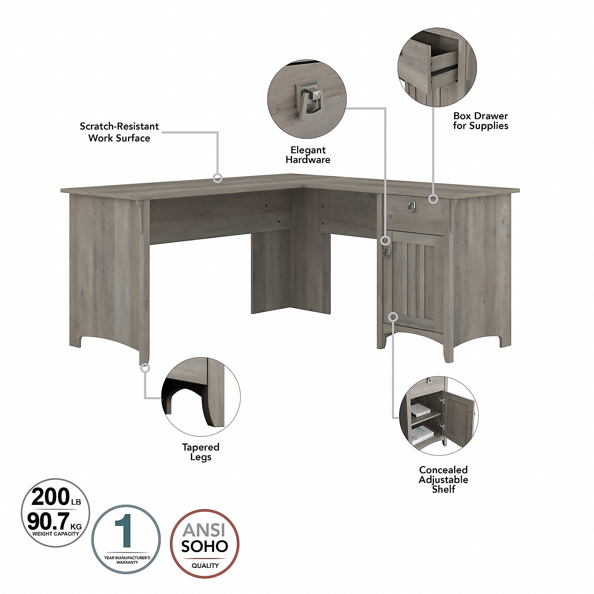 Bush Furniture Salinas 60"W L Shaped Desk with Lateral File Cabinet and 5 Shelf Bookcase, Driftwood Gray